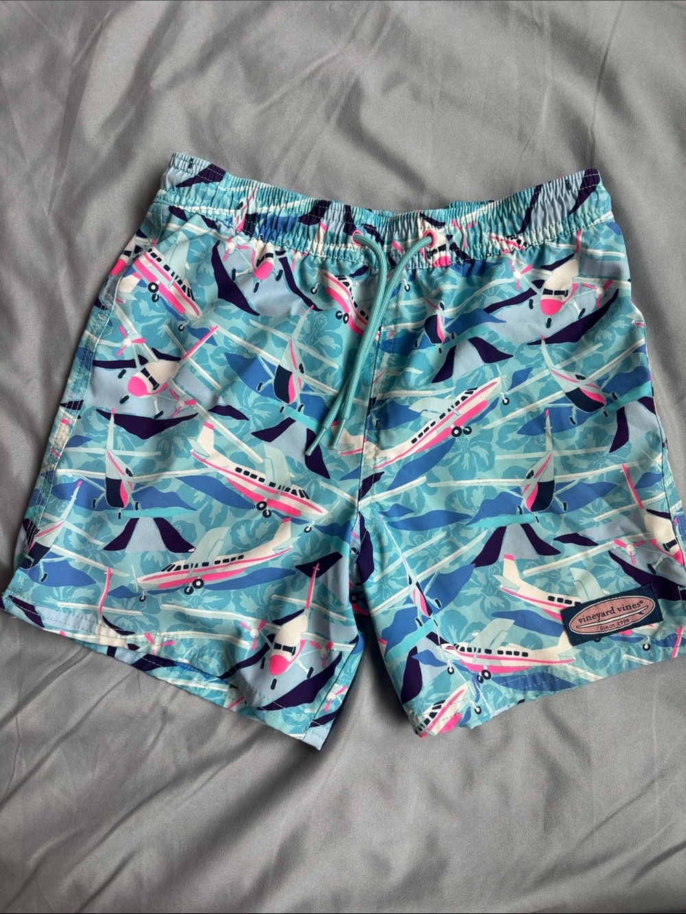 Vineyard Vines Aqua Seaplane Print Swim Trunks with Pink Accents